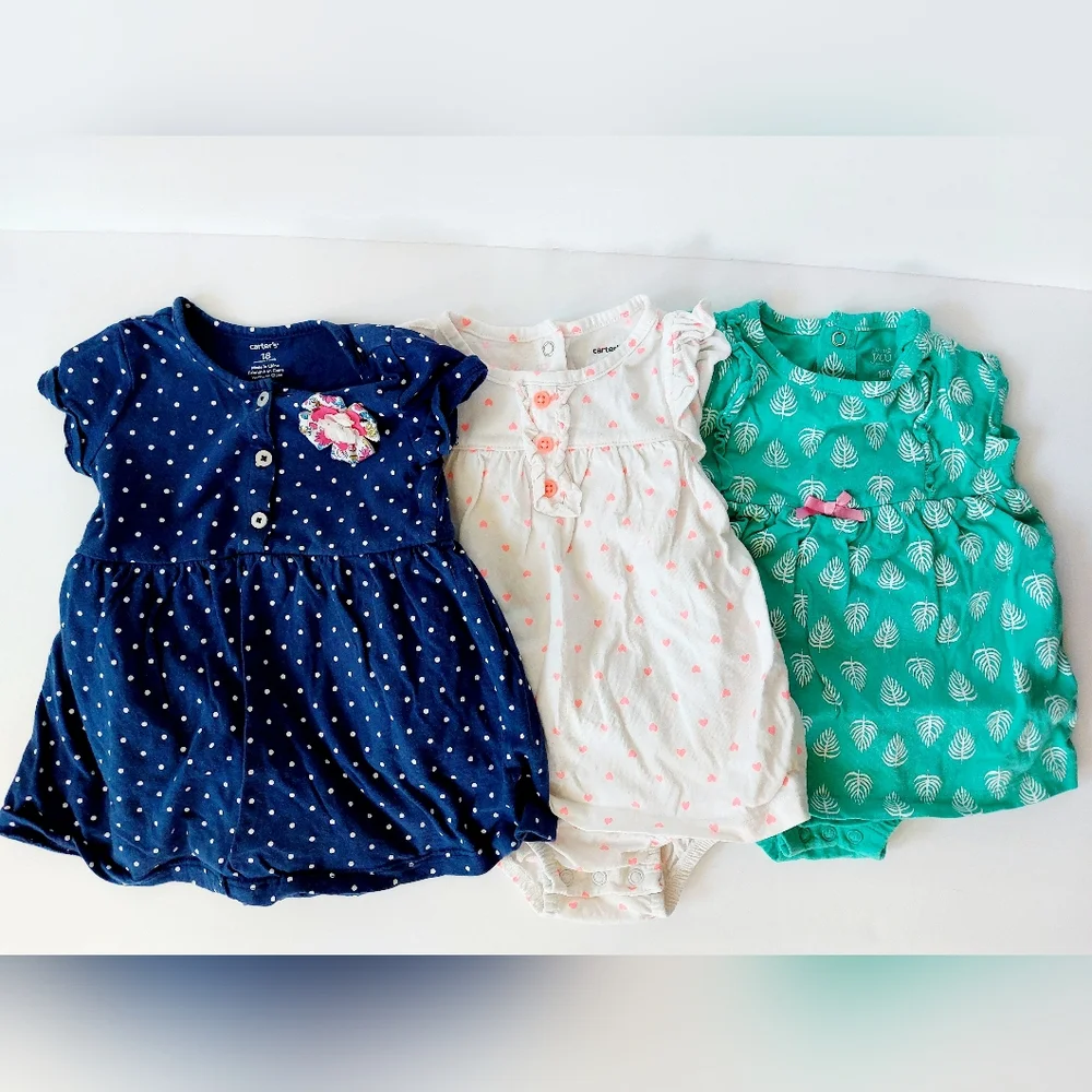 Set of 3 Polka Dot & Leaf Patterned‎ Dresses size 18 months Carters
